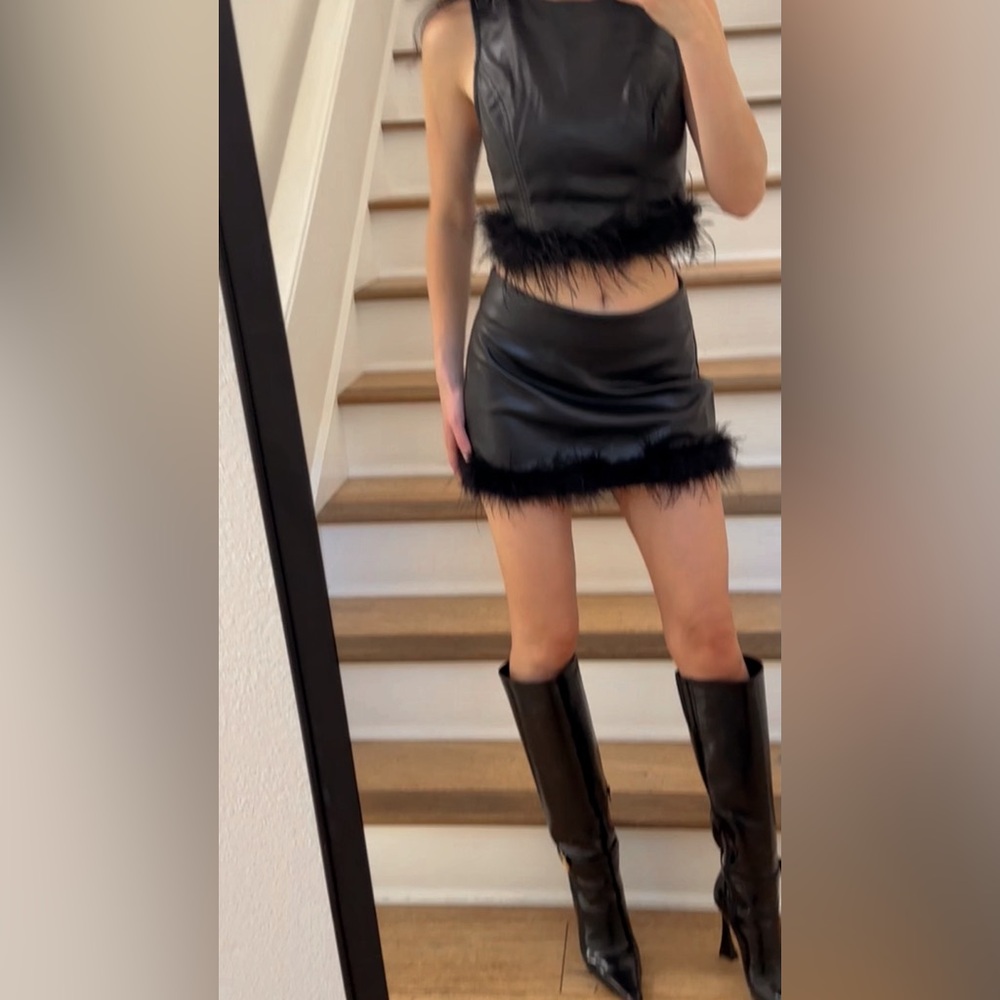 Black Faux Leather Feather Trim Two Piece Set | crop top mini skirt